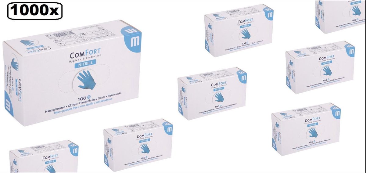 1000x Handschoenen nitril blauw merk Comfort - maat M - bacteriën