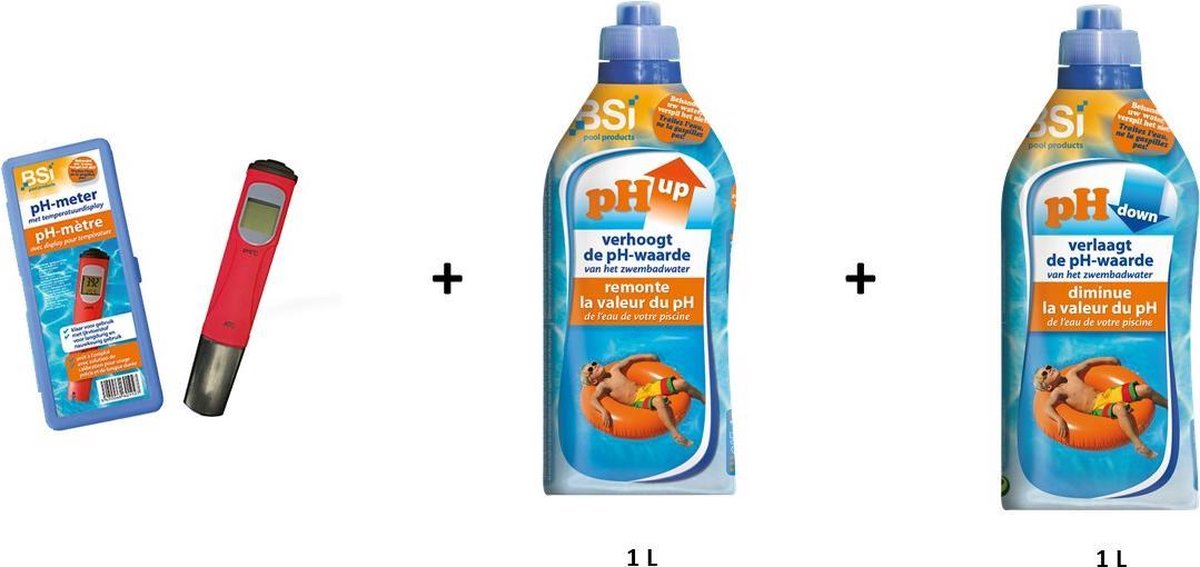 Zwembad pH kit: pH-meter + pH up liquid 1L + pH down liquid 1L