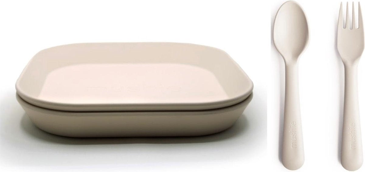 Mushie borden en bestek|Set 2 borden+Vork en Lepel|Ivory crème White|Kinderservies|BIBS|Bestek|Bord|