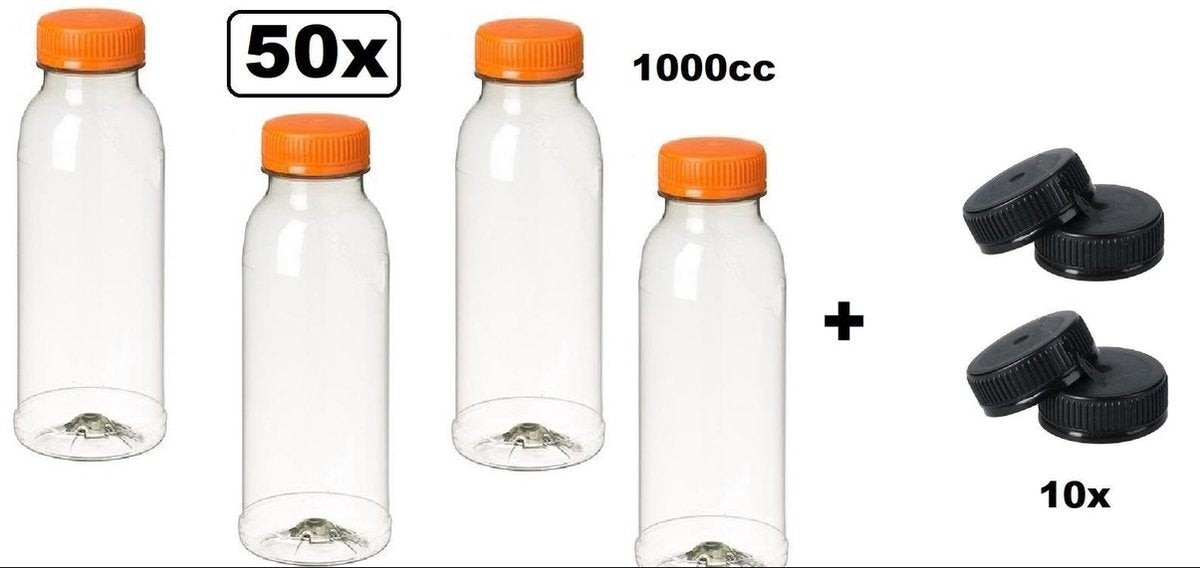 50x Flesje PET helder 1000cc met oranje dop + 10 zwarte doppen - drink fles vruchten sap limonade drank