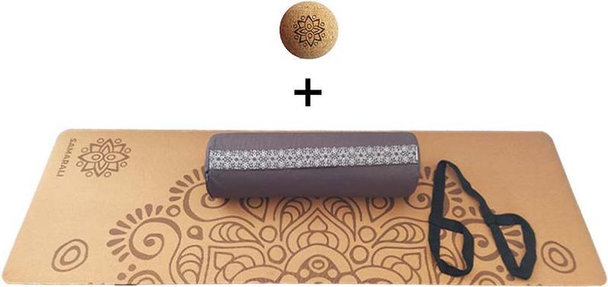 Yin Yoga set – Moon (GRIJS)| Kurk yogamat| Yoga Bolster| Kurk massagebal| Draagiem| Ethisch geproduceerd uit natuurlijke materialen