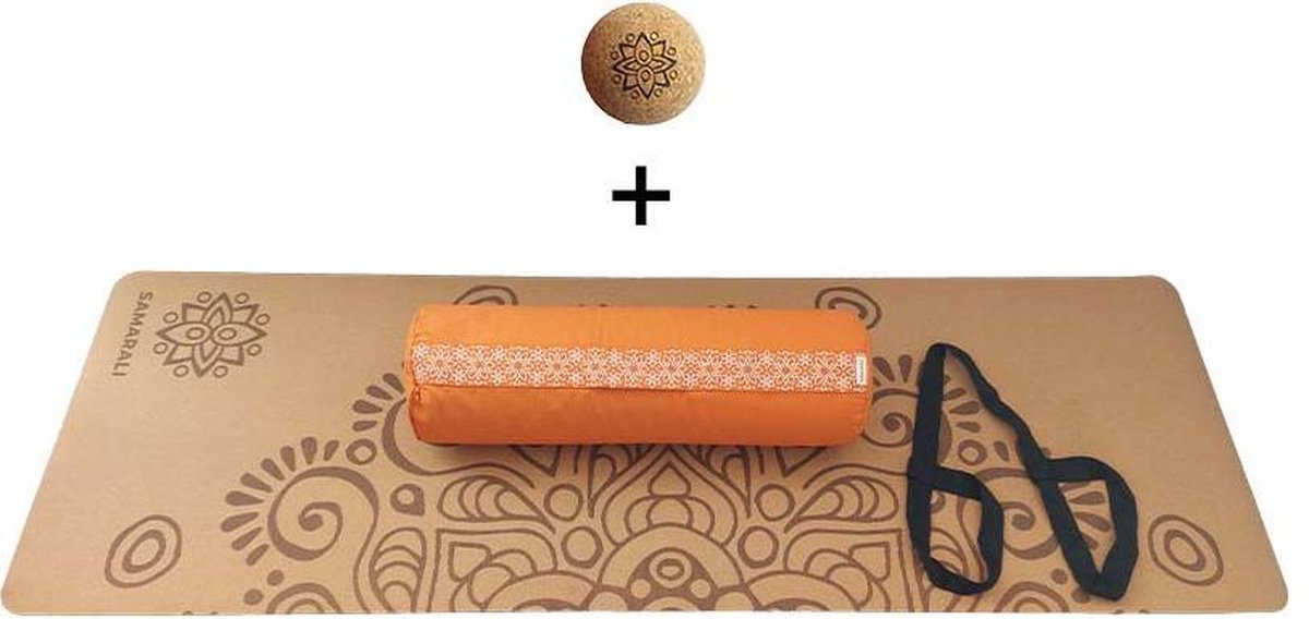 Yin Yoga set – Moon (ORANJE)| Kurk yogamat| Yoga Bolster| Kurk massagebal| Draagiem| Ethisch geproduceerd uit natuurlijke materialen