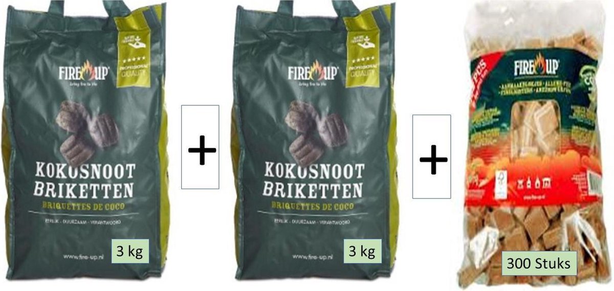 2 Zakken Professionele Cocosnoot Briketten (2 x 3Kg)  + 1 Zak Aanmaakblokjes 300 Stuks