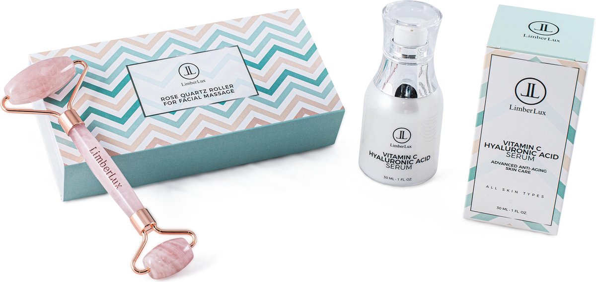 Rose Quartz Jade Roller & Vitamine C serum met Hyaluronzuur en Aloë Vera - inclusief draagzakje - Anti rimpel anti aging gezichtsserum met gezichtsroller