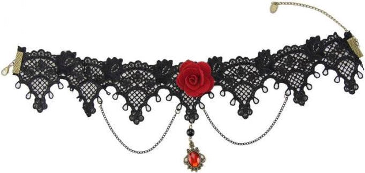 Choker zwart kant met kettinkjes
