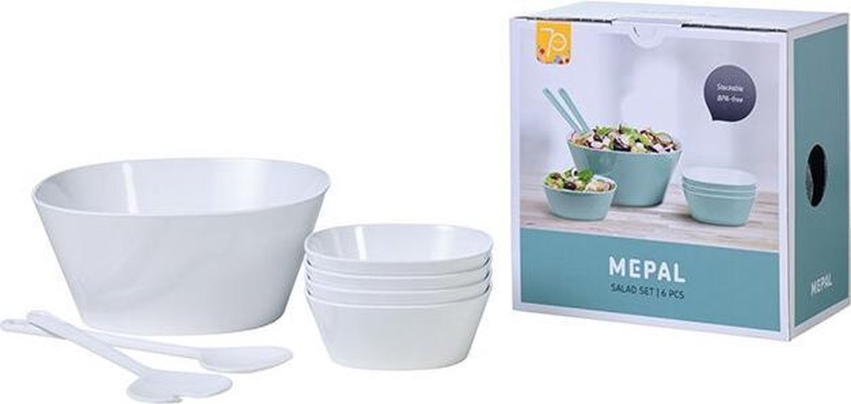 Mepal - salade Conix 6-delig – saladeschaal met saladebestek - wit – serveerschalen – schaaltjes