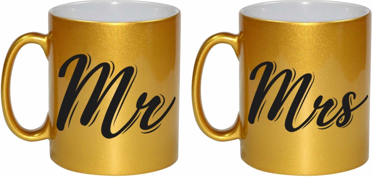 Gouden Mrs en MR cadeau mokken / bekers voor koppels 330 ml - Keramiek