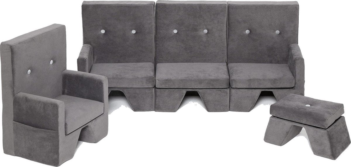 Meubelset velvet donker grijs 3-delig - meubel - bankje - stoel - poef - meubels - luxe kinderFauteuil - luxe kindermeubelset