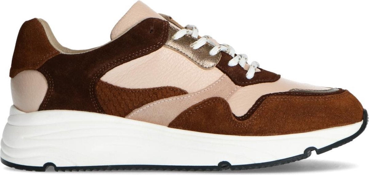 Manfield - Dames - Cognac sneakers met roze details - Maat 40