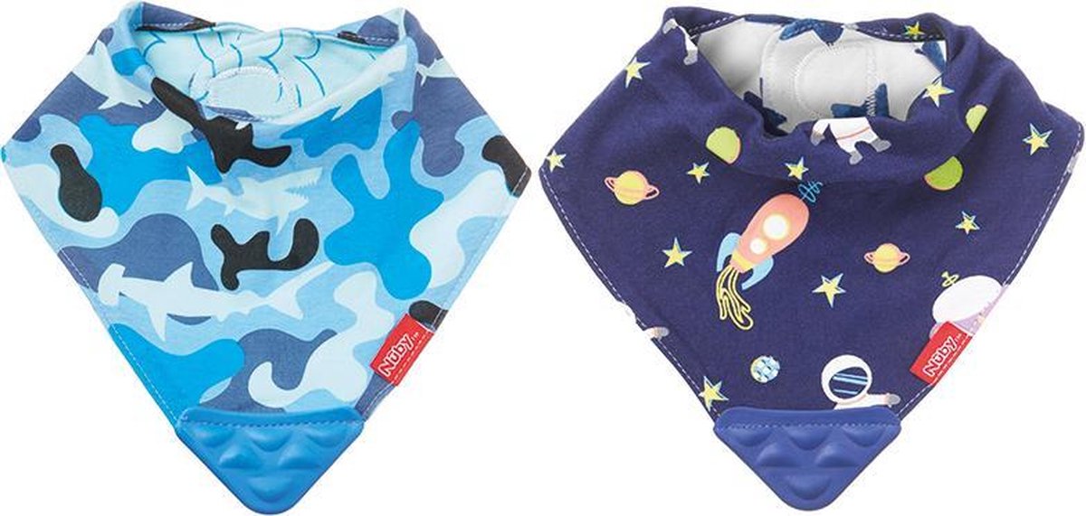 Nuby - bandana slab - baby slabbetjes - kwijlslabben dubbelzijdig met bijtring - 2 stuks - blauw