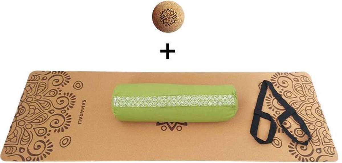Yin Yoga set – Sun (GROEN)| Kurk yogamat| Yoga Bolster| Kurk massagebal| Draagiem| Ethisch geproduceerd uit natuurlijke materialen