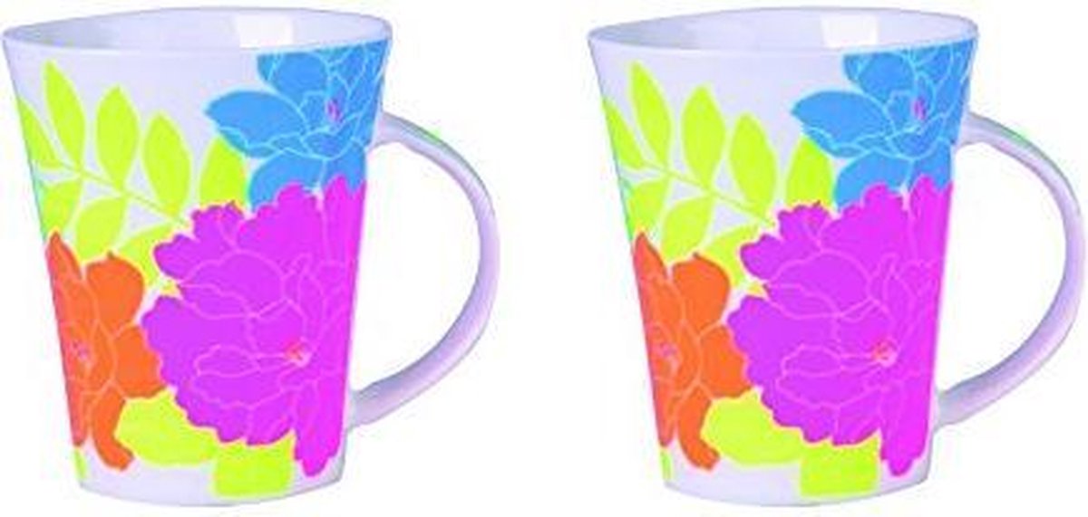 Aulica 231701 Porseleinen Tassen/Mokken- Fluo Bloemen - 2 stuks