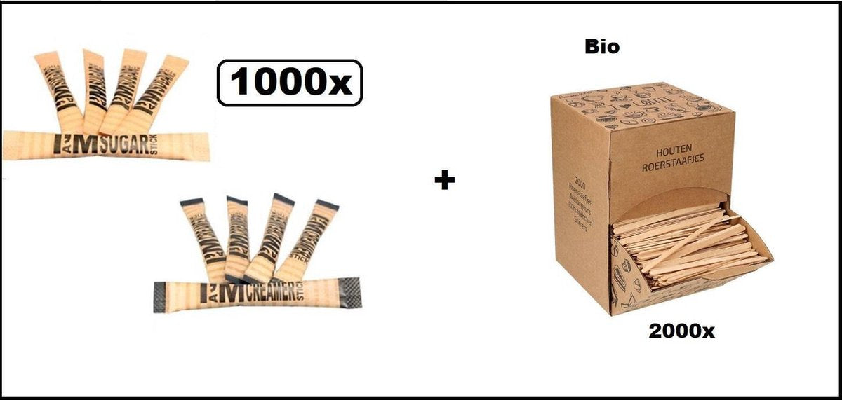 1000x Koffie Melksticks en Suikersticks I am met 2000x bio roerstaafjes - suiker sticks melk sticks koffiemelk koffie festival