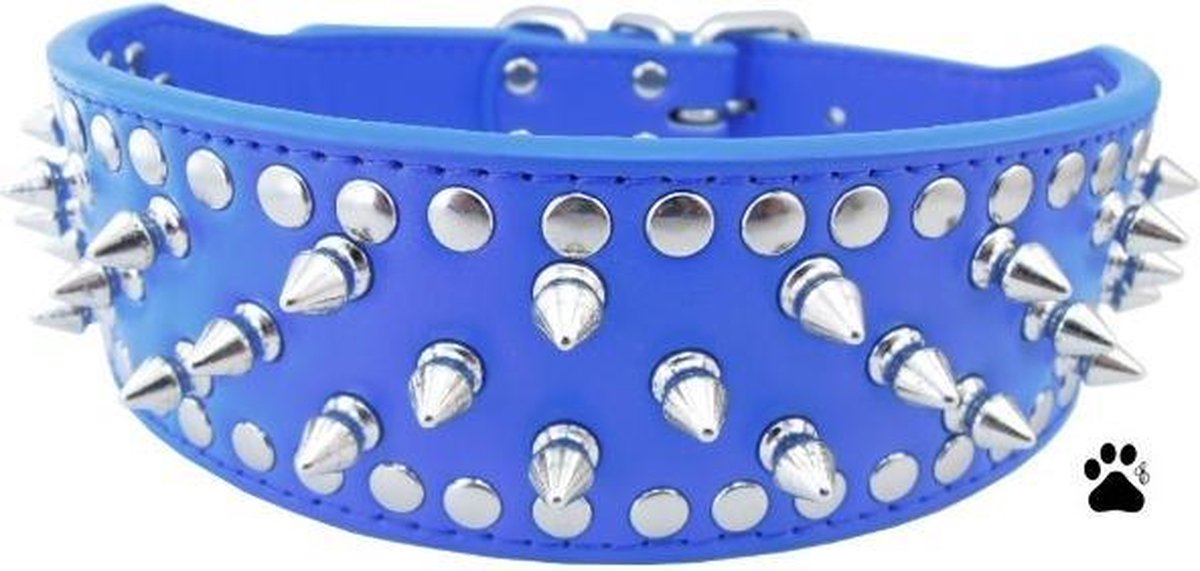 Honden halsband blauw met spikes en studs 50 cm