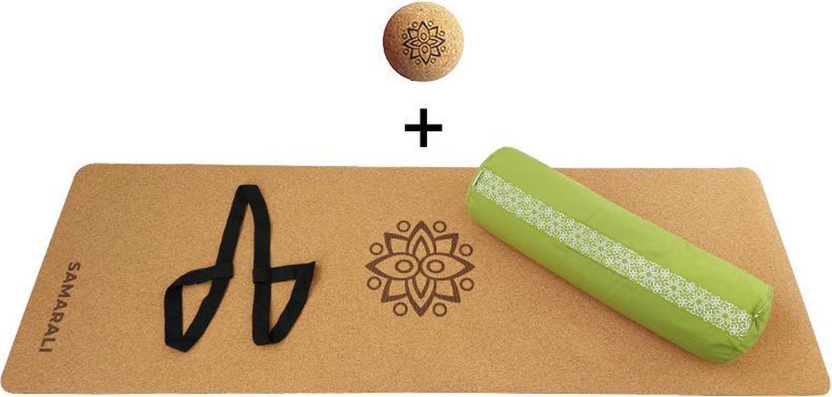 Yin Yoga set – Classic (GROEN)| Kurk yogamat| Yoga Bolster| Kurk massagebal| Draagiem| Ethisch geproduceerd uit natuurlijke materialen