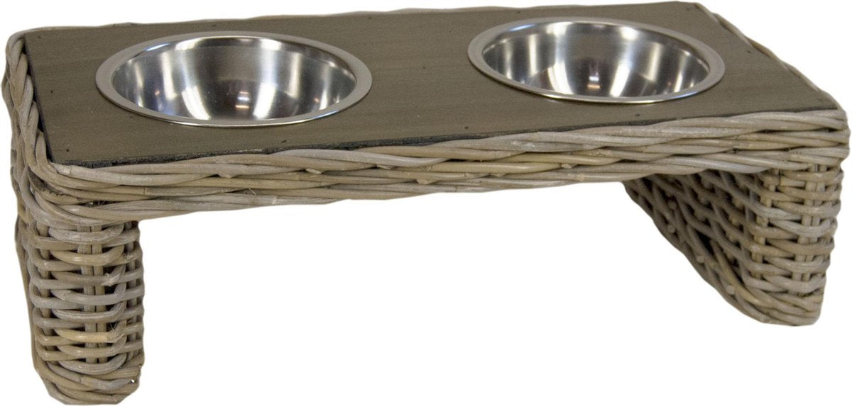 Rieten - Dieren Voederbak - Grijs Rotan - Eetbak - Voerbak - RVS - 60x30x20