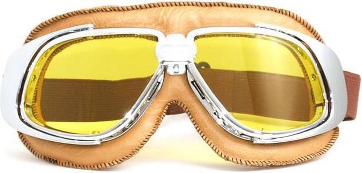 Chrome camel leren motorbril geel glas