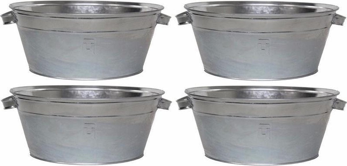 4x Ronde zilveren zinken teilen 11 liter - Tuin artikelen/decoratie - Metalen emmers