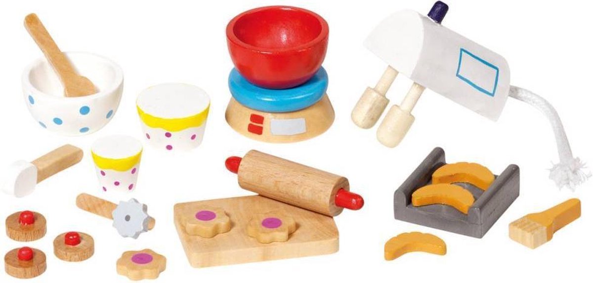 Goki Houten poppenhuis bak accessoires 22-delig
