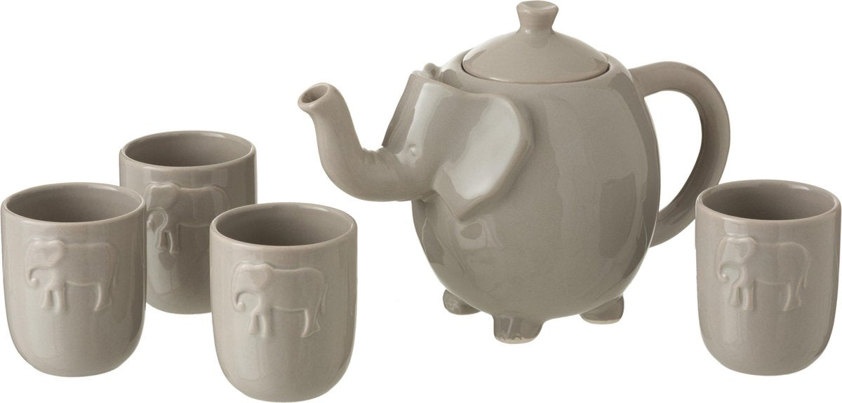 J-Line Doos Theepot   4Tassen Olifant Keramiek Grijs