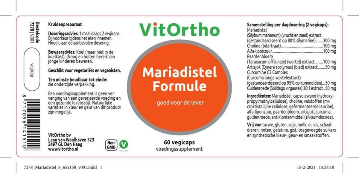 VitOrtho Mariadistel Formule - 60 vegicaps - Kruidenpreparaat - Voedingssupplement