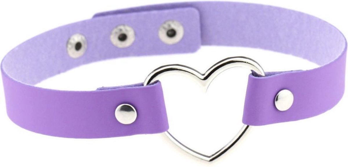 KIMU choker paars hartje - PU leer collar ketting hart halsband lila