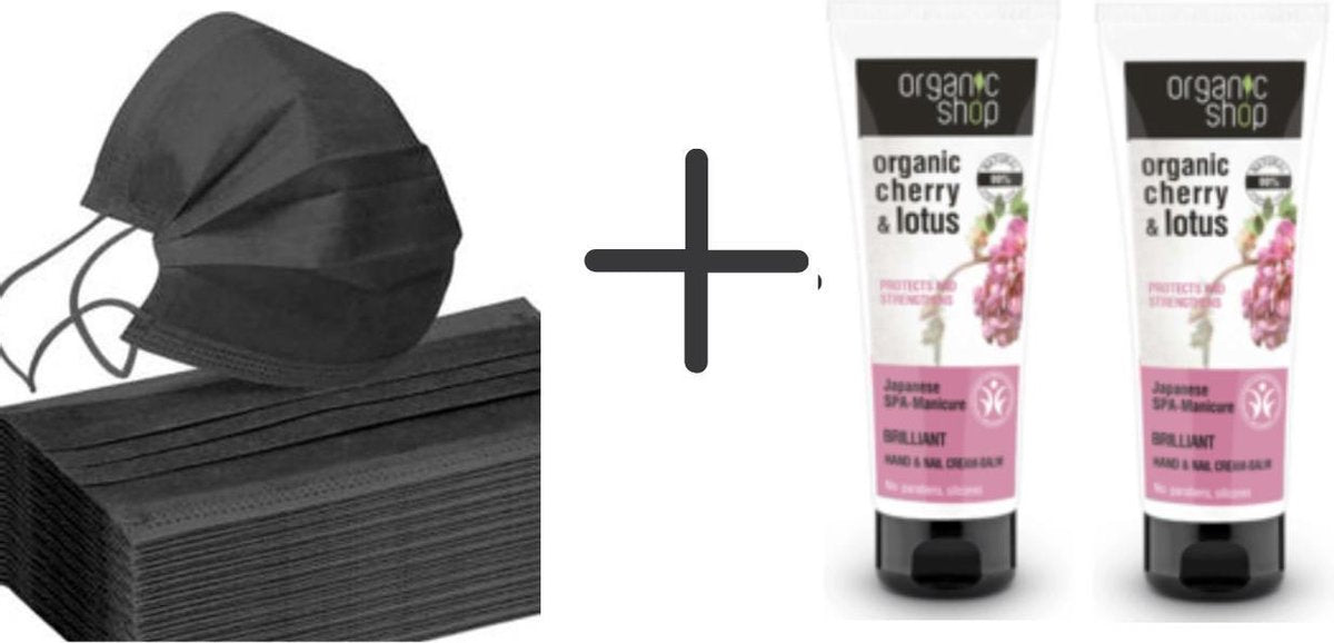 50 Zwarte Wegwerp Mondkapjes met 2 Luxe Biologische Handcreme | Vrij van Parabenen en Siliconen | Duurzaam | Organic