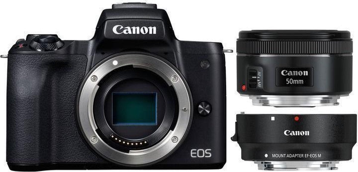 Canon EOS M50 Body + 15-45mm + 50mm + Adapter - Zwart