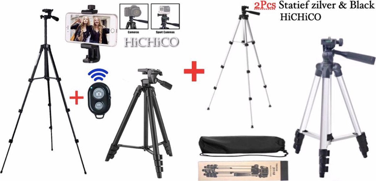 2x Smartphone Tripod Camera Statief voor Fotocamera en Smartphone - iPhone - Canon – Nikon - Spiegelreflexcamera + Bluetooth Remote Shutter en Waterpas 1x Zilver en 1x Zwart – HiCHiCO Model 3120 en 3110