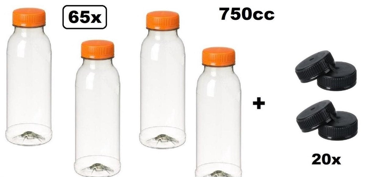 65x Flesje PET helder 750cc met oranje dop + 20 zwarte doppen- drink fles vruchten sap limonade drank