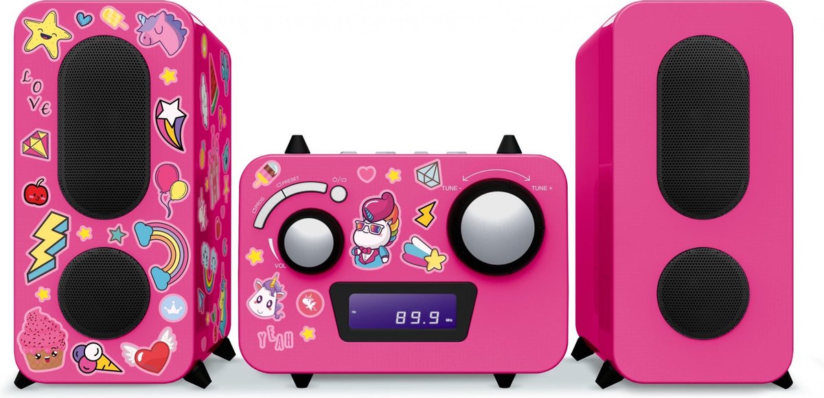 Bigben MCD11RSUNICORNSTICK Radio en CD-Speler Microset met 350 Eenhoorn/Unicorn Stickers - Roze