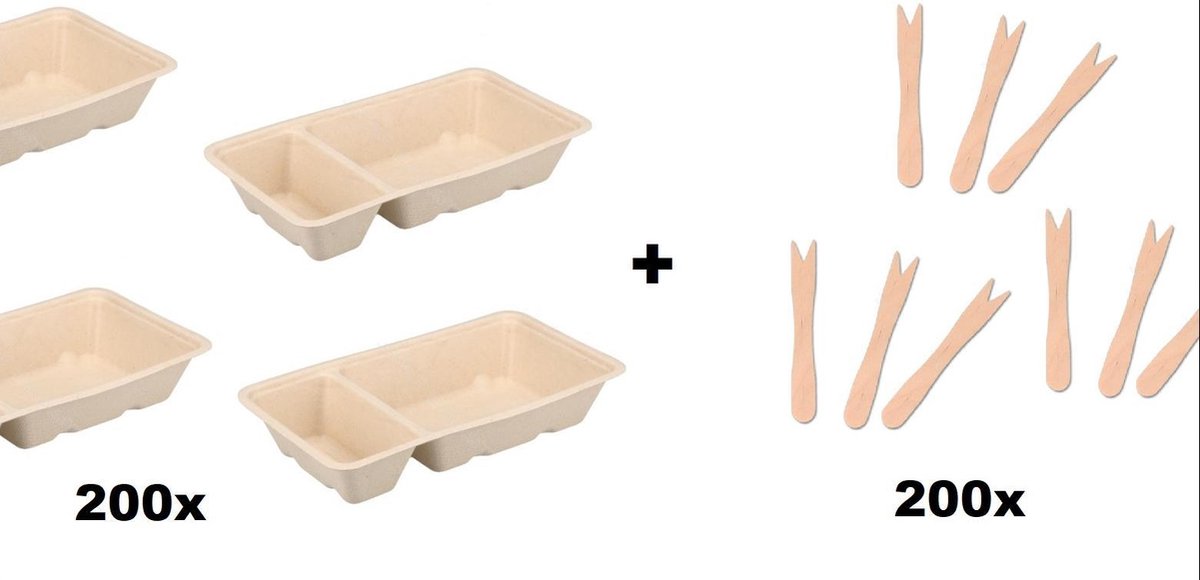 200x Frietbakje A7 met sausvak suikerrietpulp + 200x Houten snackvork - Friet patat frites saus friet bakje snack next generation carnaval festival thema feest