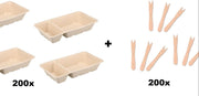 200x Frietbakje A7 met sausvak suikerrietpulp + 200x Houten snackvork - Friet patat frites saus friet bakje snack next generation carnaval festival thema feest