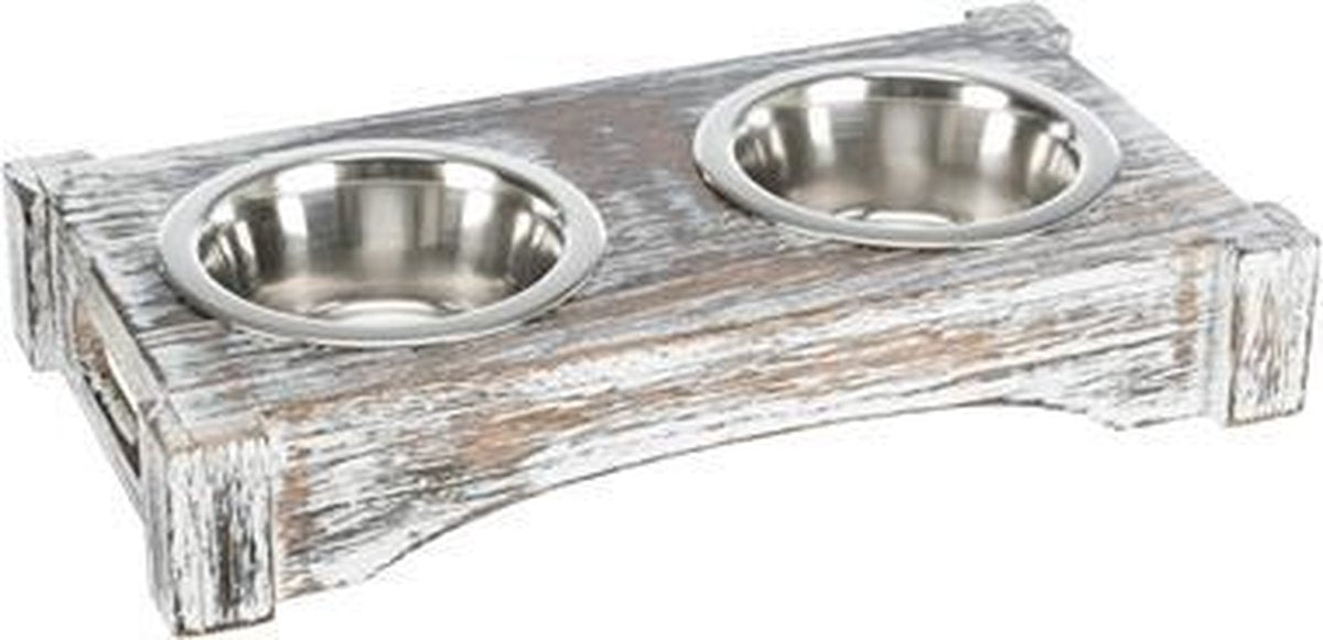 Trixie voerbak / drinkbak set rvs hout wit - 2x200 ml 30x16x5 cm - 1 stuks