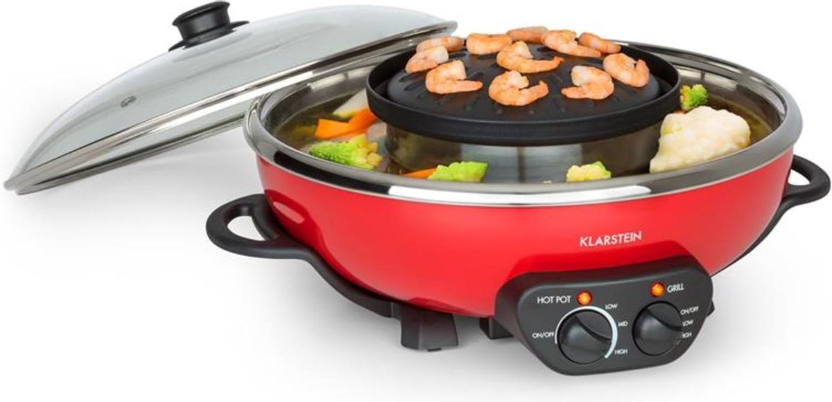 Klarstein Szechuan - hot pot 5 liter en grillplaat met 22 cm doorsnede en anti-aanbaklaag - Rvs pan voor het bereiden van soep