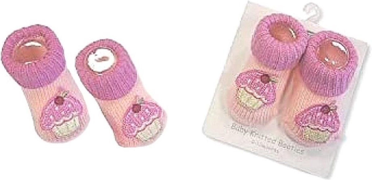 Roze Gebreide Slofjes met Cupcakes | 100% Katoen | Mt 62-68