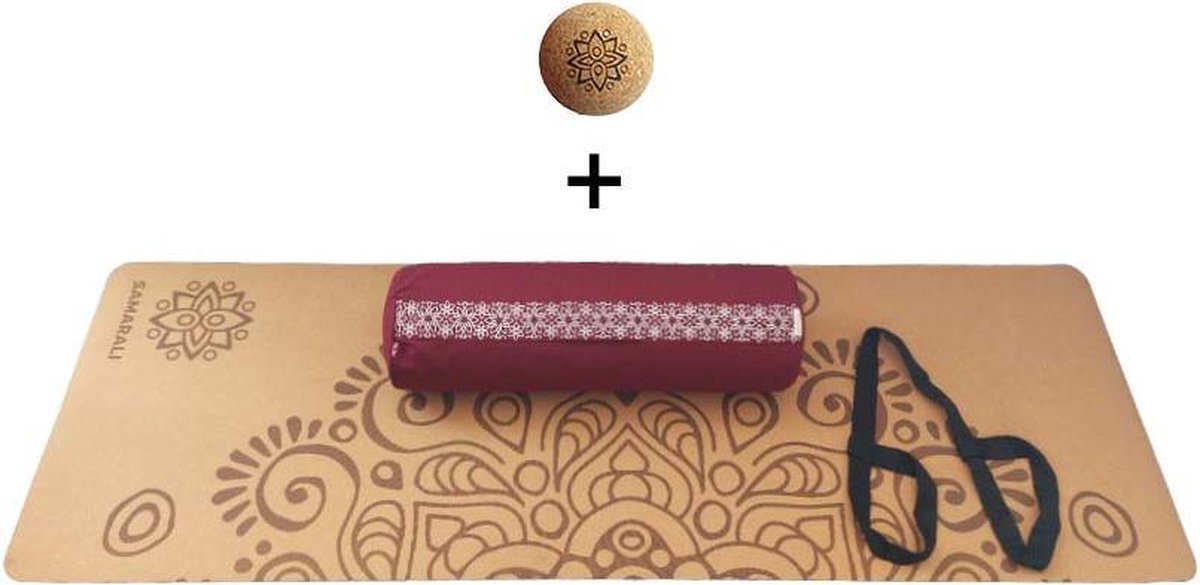 Yin Yoga set – Moon (ROOD)| Kurk yogamat| Yoga Bolster| Kurk massagebal| Draagiem| Ethisch geproduceerd uit natuurlijke materialen