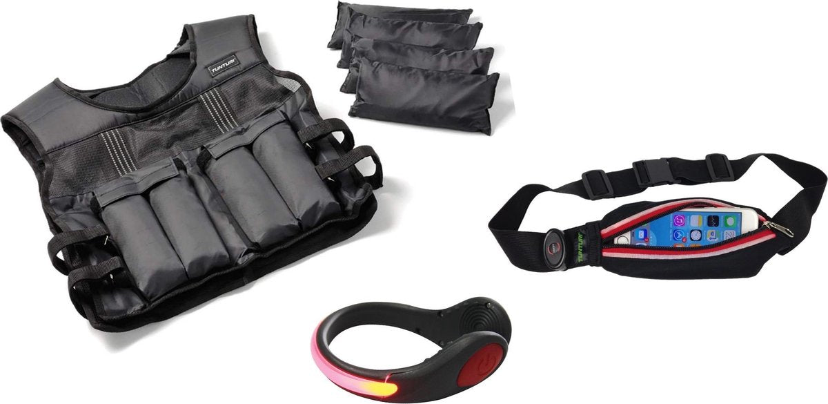 Hardlopen - Hardloopset - 3 stuks - Tunturi - Gewichtsvest 10 kg & Verlichtingsschoenclip Rood & Hardloopgordel Rood