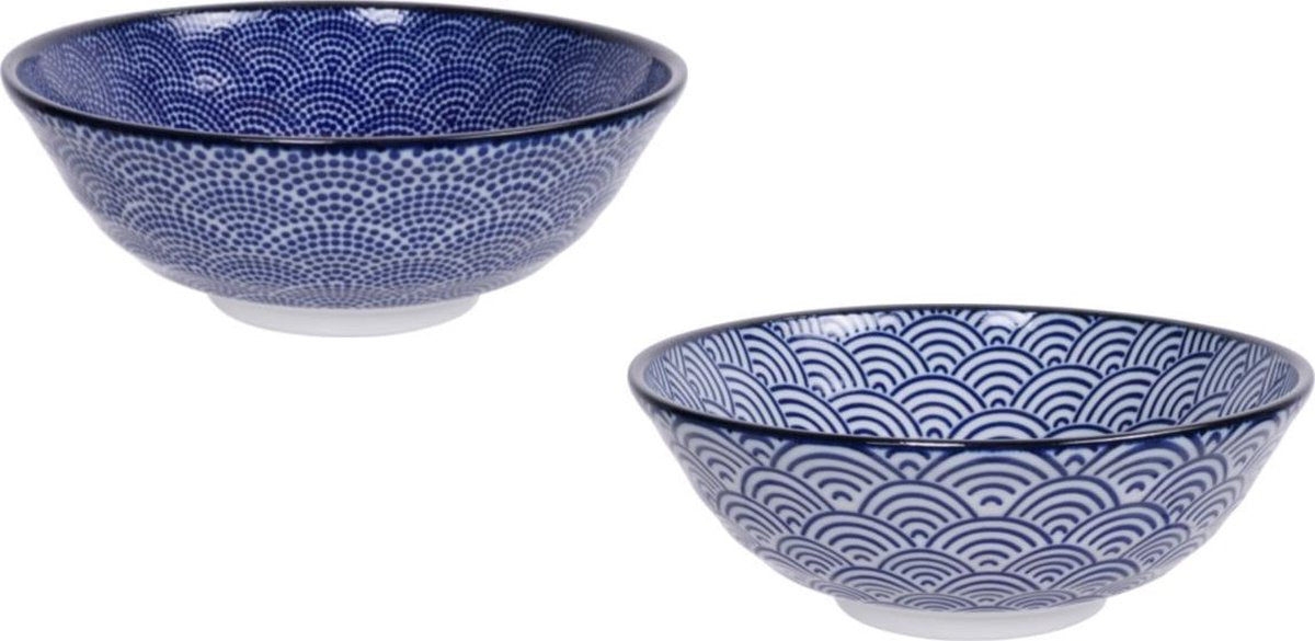 Tokyo Design Studio | Nippon Blue | Set van 2 Kommen Ø 21 cm | Porselein | Print: Wave + Dots