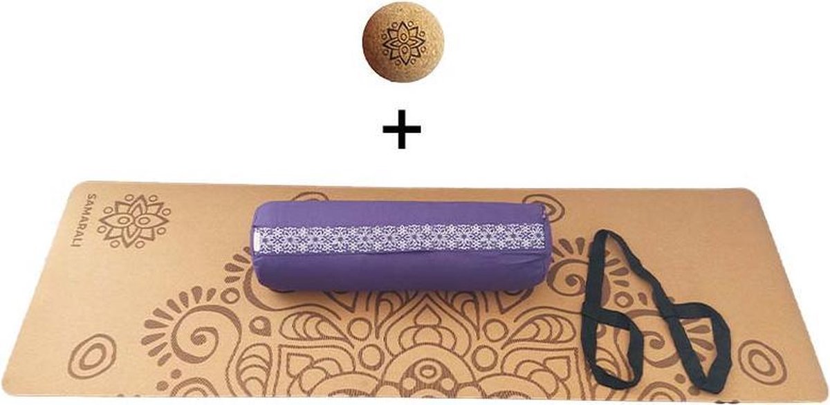 Yin Yoga set – Moon (Purper)| Kurk yogamat| Yoga Bolster| Kurk massagebal| Draagiem| Ethisch geproduceerd uit natuurlijke materialen