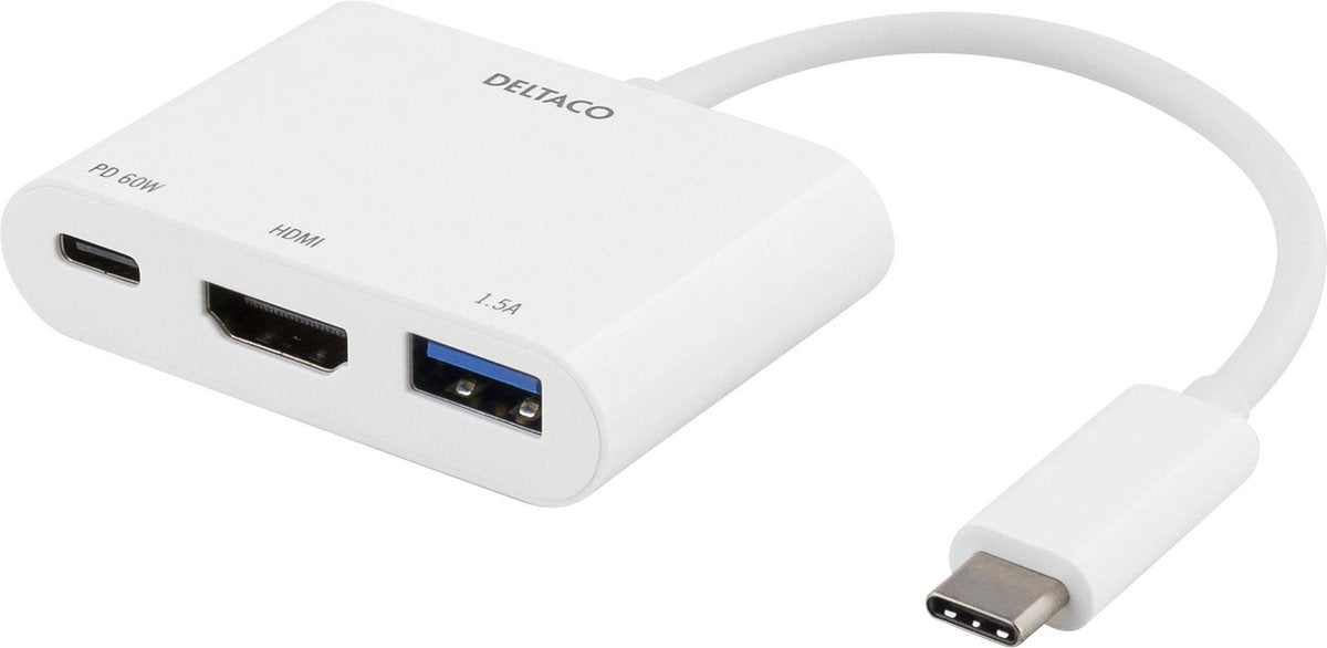 DELTACO USBC-HDMI13 USB-C Dockingstation - HDMI 4K 30Hz - USB 3.1 Gen 1 - USB-C PD 60W - Wit