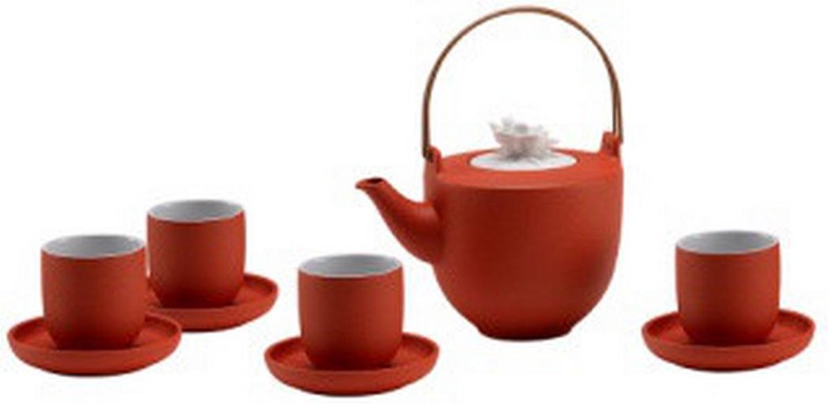 Fine Asianliving Oosters Thee Set Porselein Handgemaakt Modern Matte Oranje 5pcs