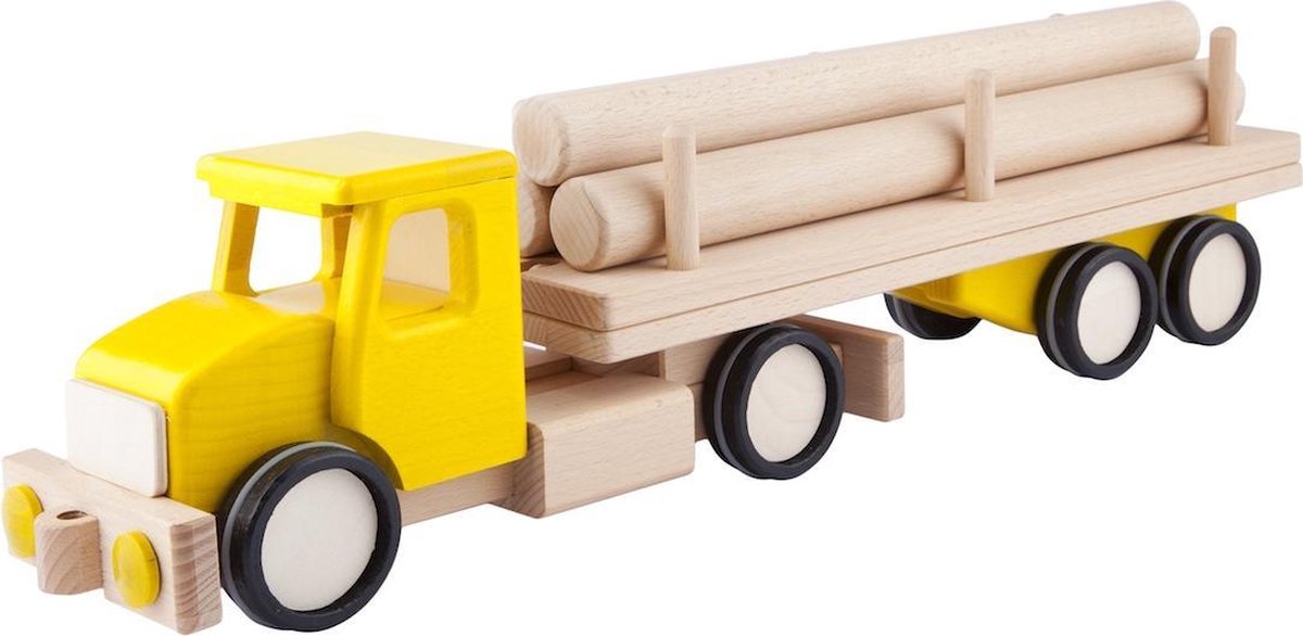 Gele houten vrachtwagen met boomstammen - 52x10x13cm - Handgemaakt - Uniek design - LUPO