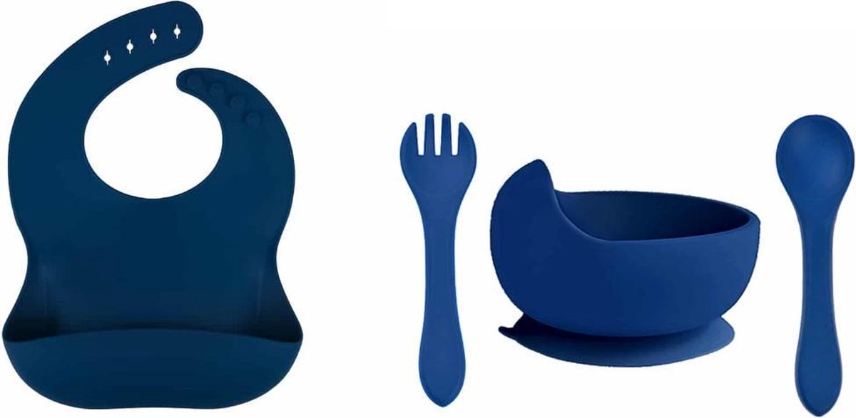 Siliconen kinderservies navy | siliconen slab + siliconen kom met lepel | slabbetje | kom met lepel | slab met opvangbak | donkerblauw | jongens en meisjes | baby en kind | eten en drinken | 100% vrij van schadelijke stoffen | waterafstotend