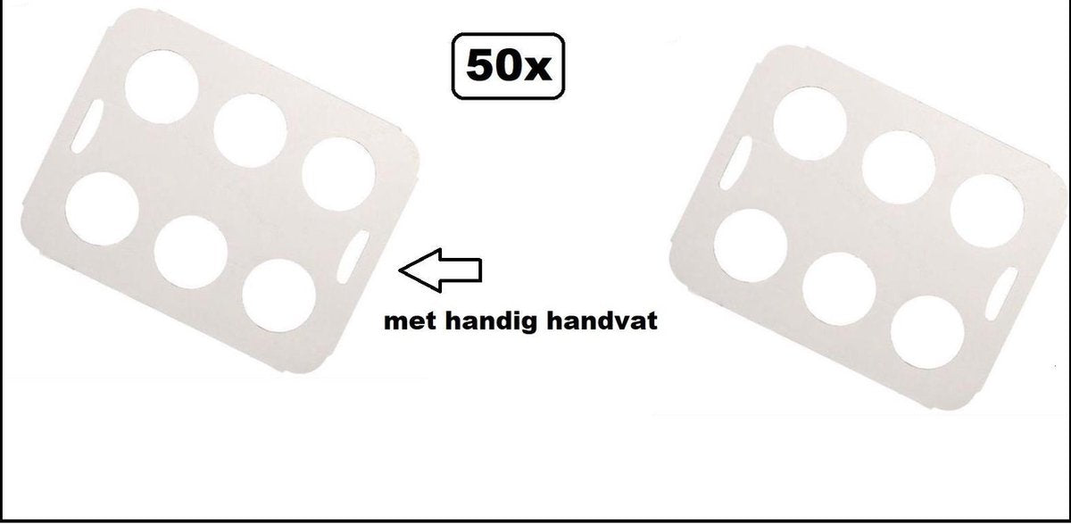 50x Draag tray karton 6-vaks wit met handige handvaten - Draag tray bier frisdrank koffie wijn bier feest apres ski gele rakker festival party carnaval