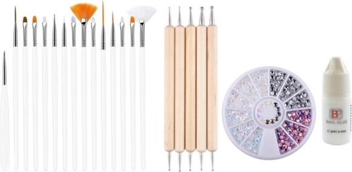 GUAPÀ - Nagel Penselen Set Wit + Rhinestones Parelmoer + Druppel & Dotting Pennen + Nagellijm - Nail Art