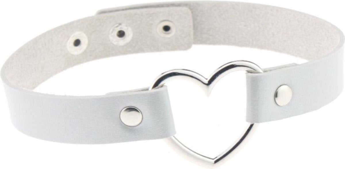 KIMU choker wit hartje - PU leer witte collar ketting hart halsband