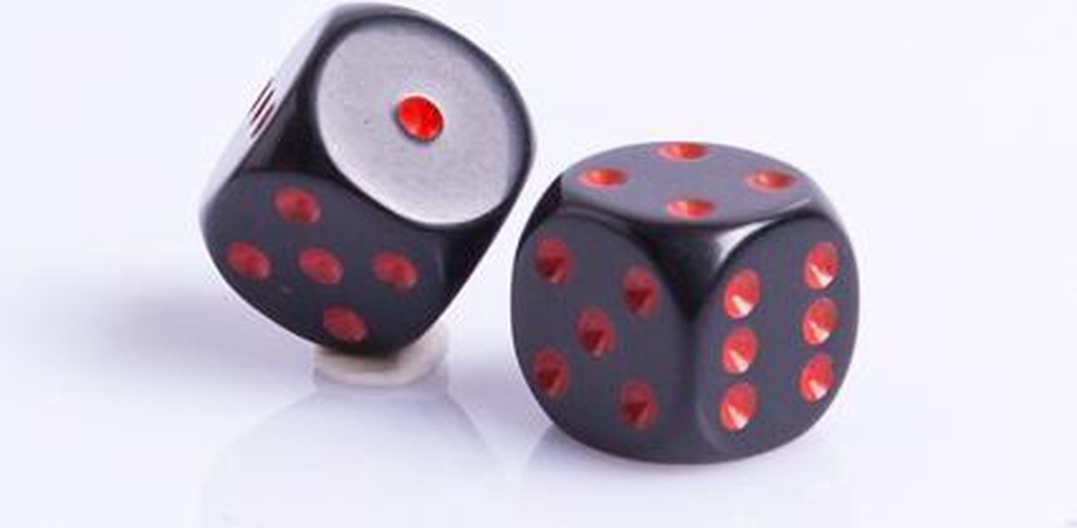 6 Vlakken Dobbelsteen Zwart met Rode Stippen 16mm Set van 12