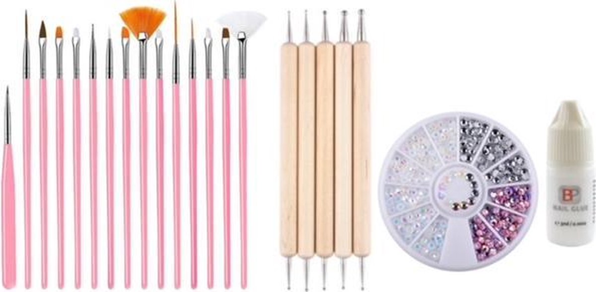 GUAPÀ - Nagel Penselen Set Roze + Rhinestones Parelmoer Rosé + Druppel & Dotting Pennen + Nagellijm - Nail Art