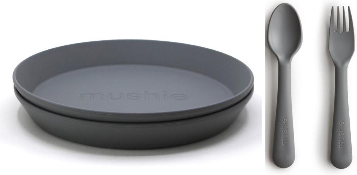 Mushie borden en bestek|Set 2 borden+Vork en Lepel|Smoke|Kinderservies|BIBS|Bestek|Bord|